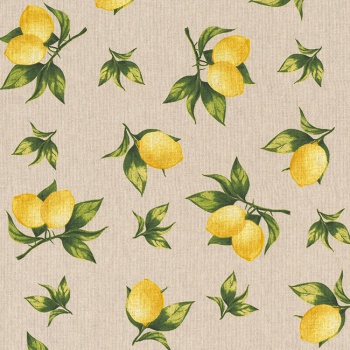 Prinditud dekoratiivkangas, Sidrunid linasetooni põhjal.jpg
