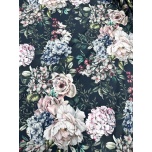 Puuvillasatiin prinditud 2,4m tumedal taustal suured lilled