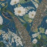 Mööblikangas Gobelään Paabulind tumesinisel põhjal.