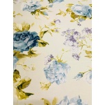 Prinditud dekoratiivkangas, suured sinised roosid.