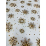 VETTHÜLGAV dekoratiivkangas valgel kuldsed lumehelbed.